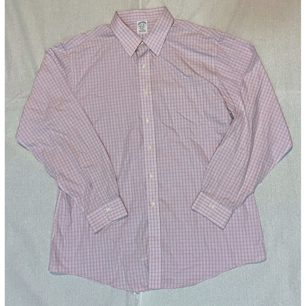 Brooks Brothers 1818 Classic Pink Checkered Mens Long Sleeve Dress Shirt 17 1/2